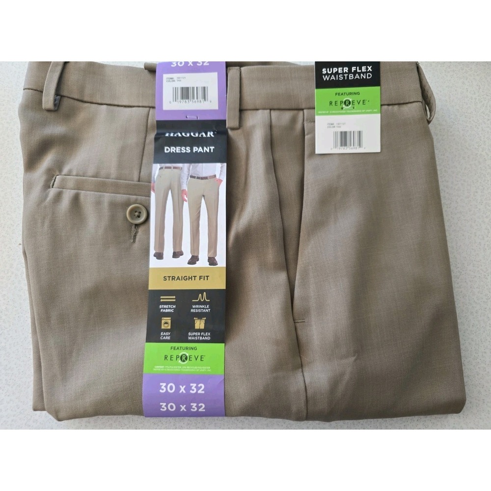Haggar Men's‎  Dress Pants Straight Fit Tan 30x32 New With Tags Super Flex Waist